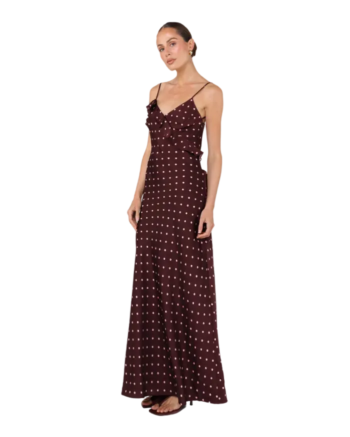 brown maxi dress with polka dots all over