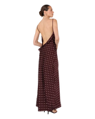 brown maxi dress with polka dots all over