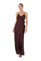 brown maxi dress with polka dots all over