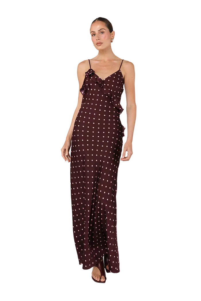 brown maxi dress with polka dots all over
