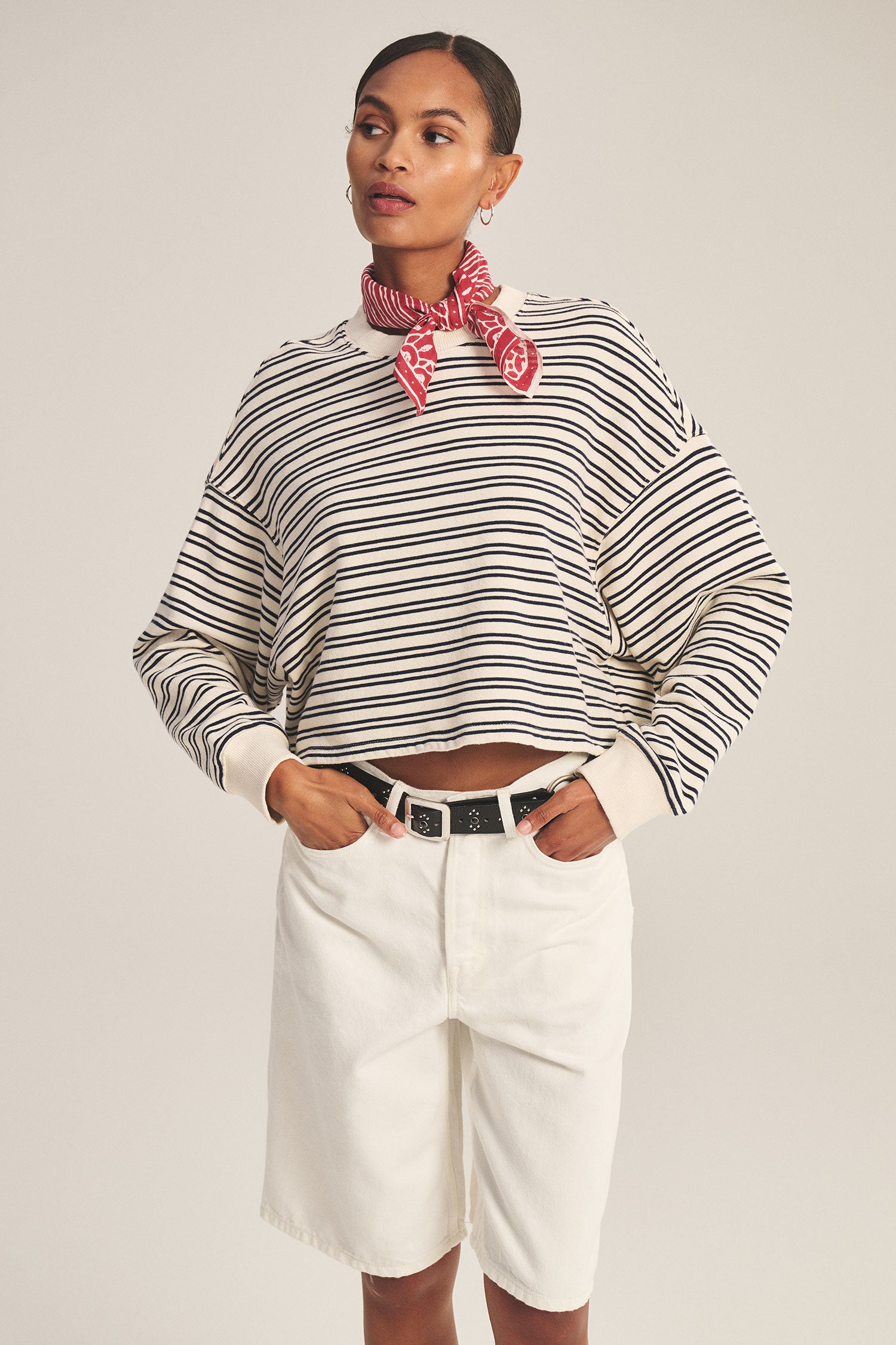 long sleeve crewneck sweater with cream and navy stripes