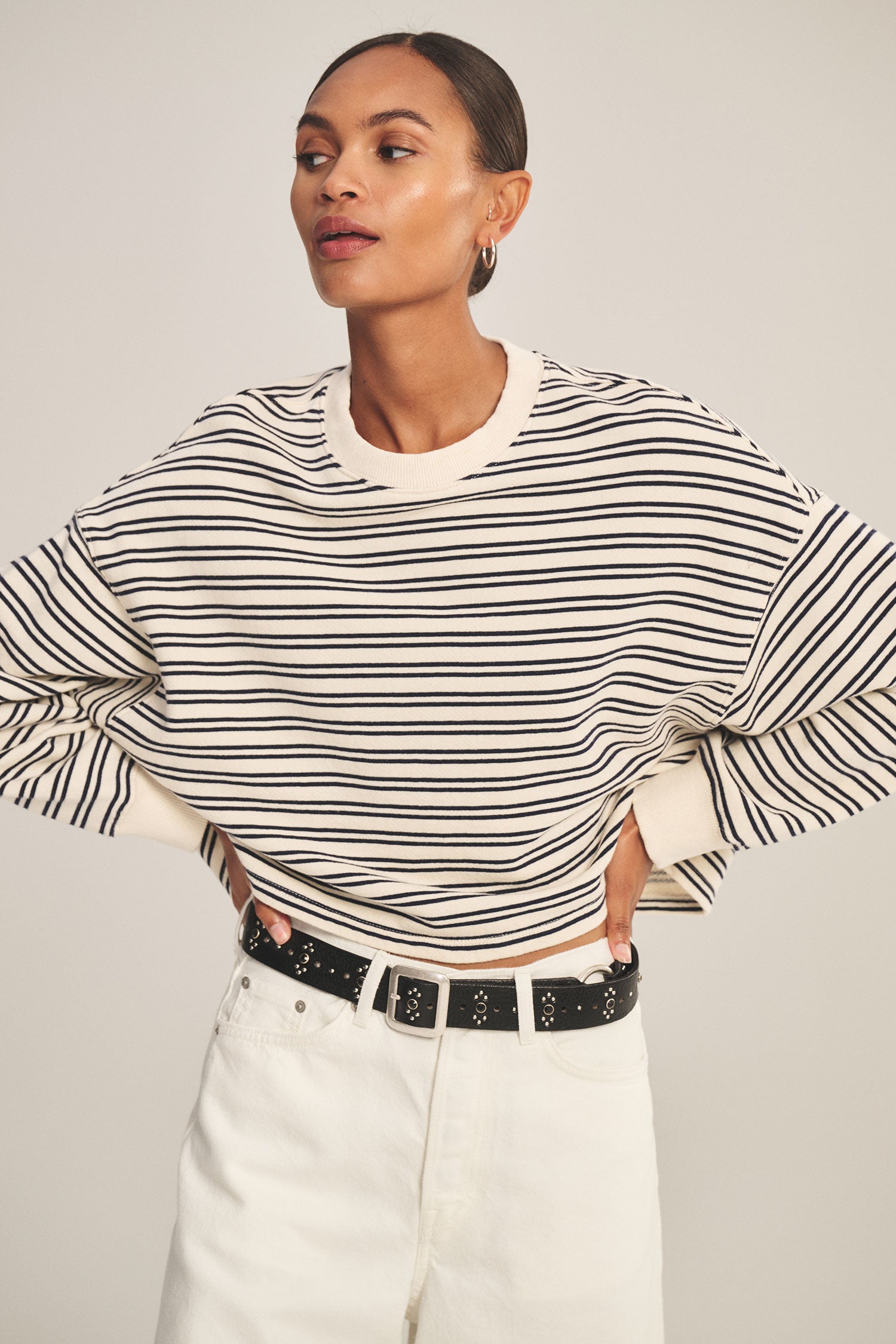 long sleeve crewneck sweater with cream and navy stripes