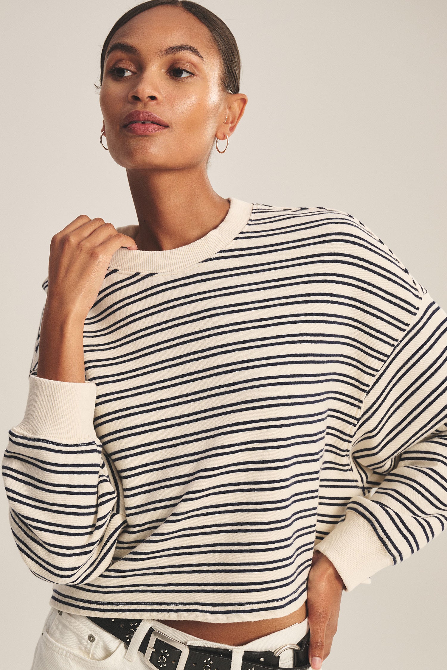 long sleeve crewneck sweater with cream and navy stripes
