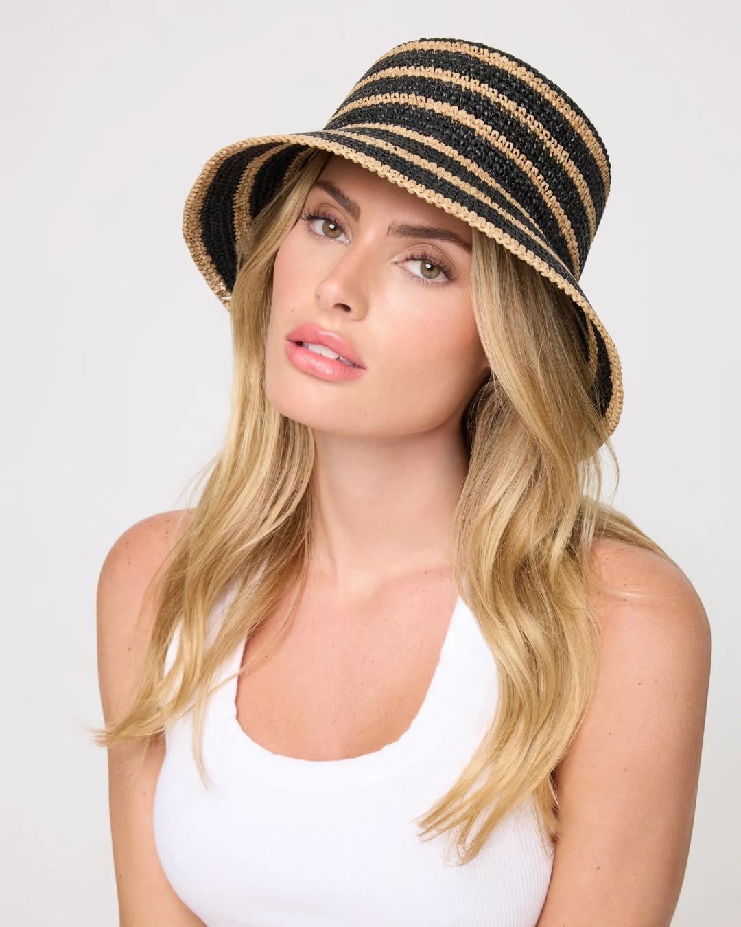 straw bucket hat in black and tan
