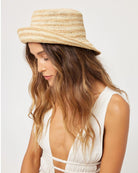 straw bucket hat with a dark beige and light beige stripe