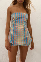 checkered strapless top in blue, cream and red