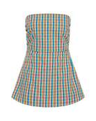 checkered strapless top in blue, cream and red