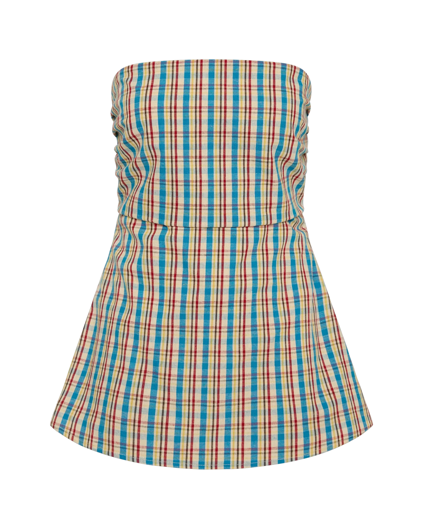 checkered strapless top in blue, cream and red