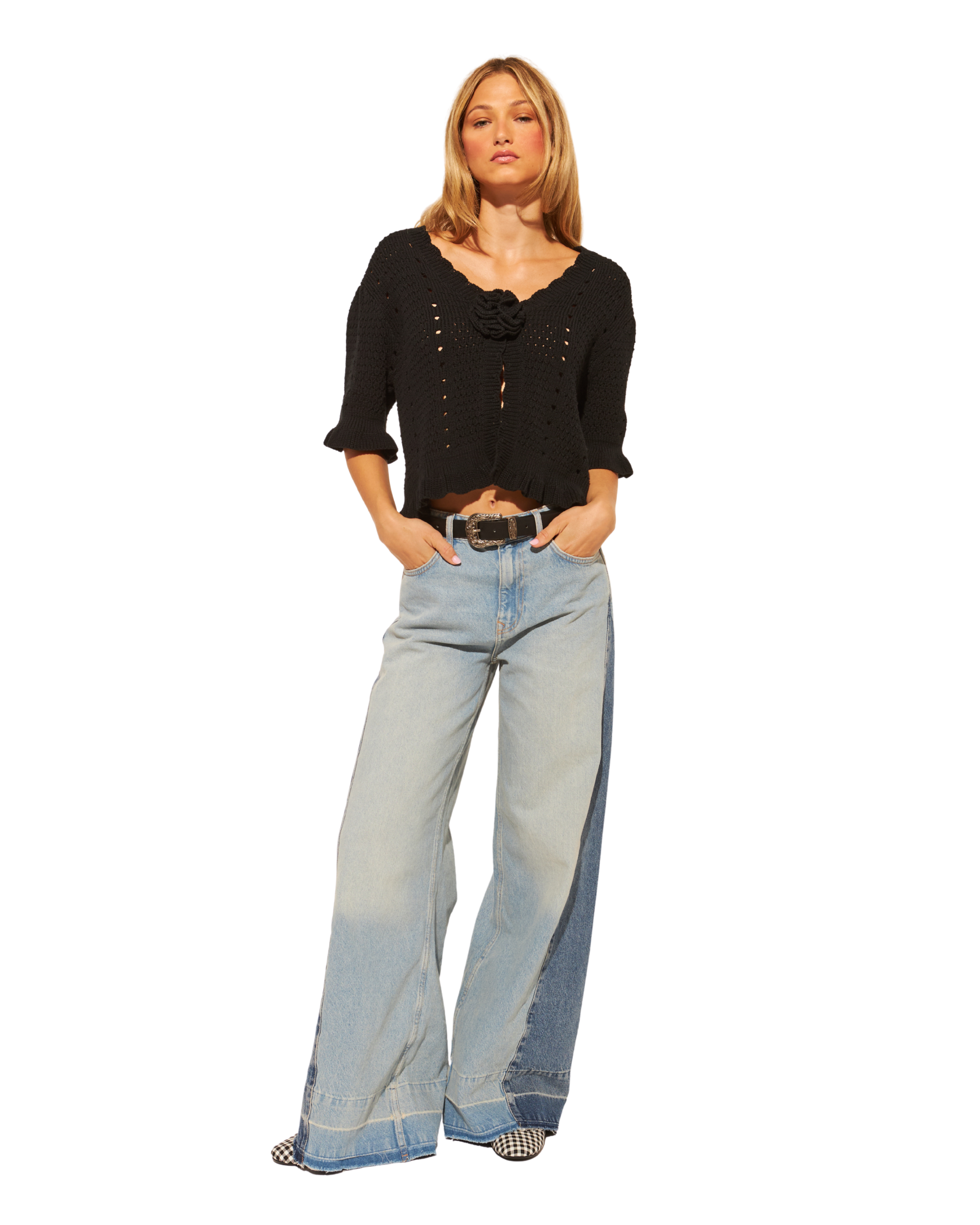 black knit short sleeve top with knit rose in the middle 