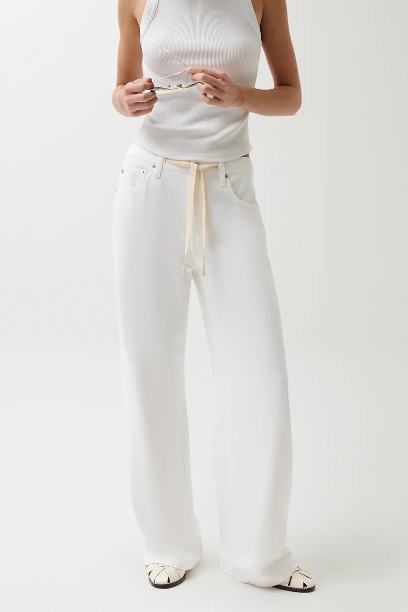 wide leg mid rise white denim pant with drawstring