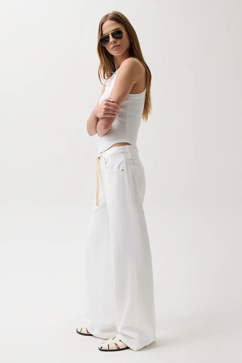wide leg mid rise white denim pant with drawstring