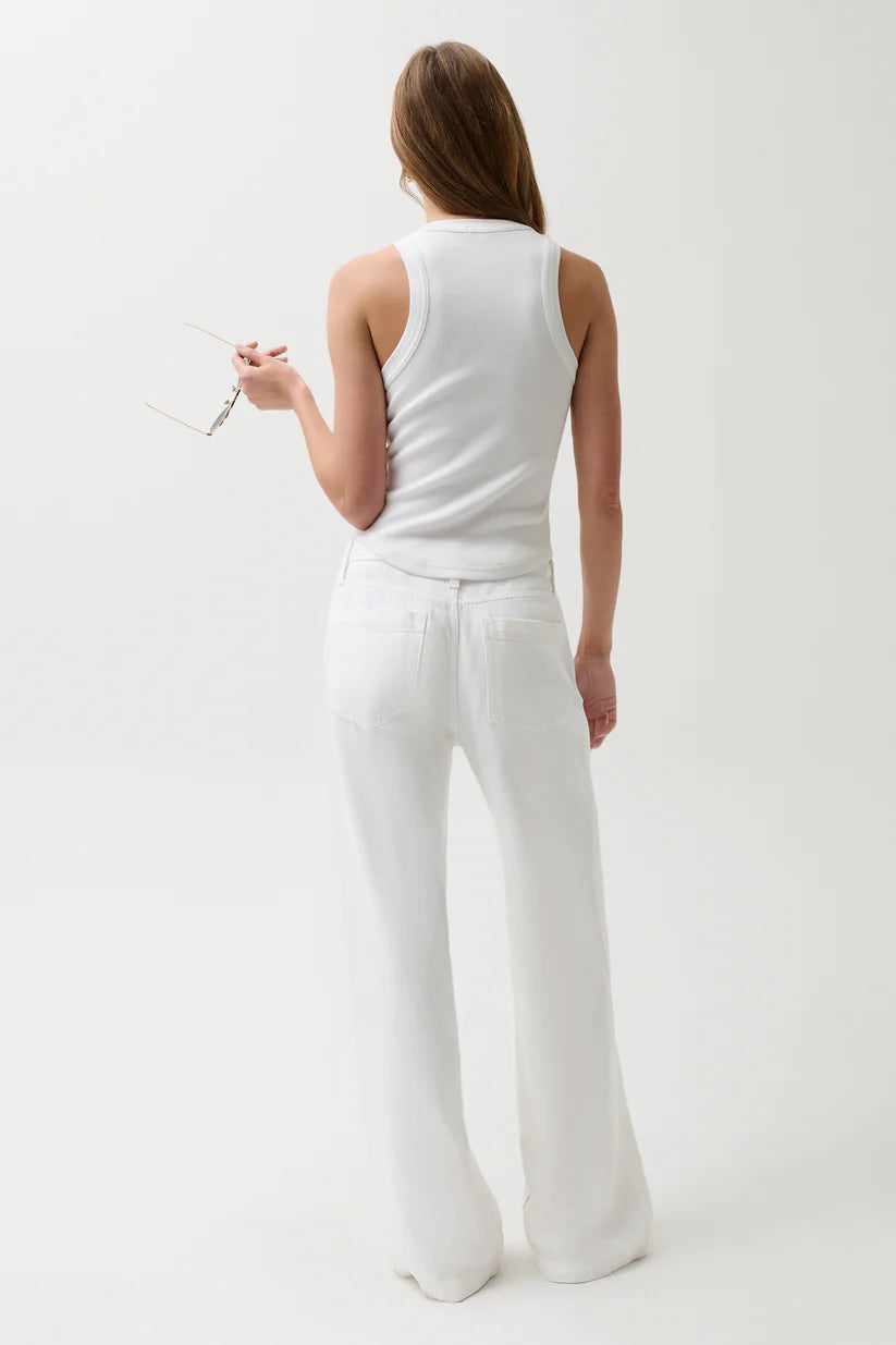 wide leg mid rise white denim pant with drawstring