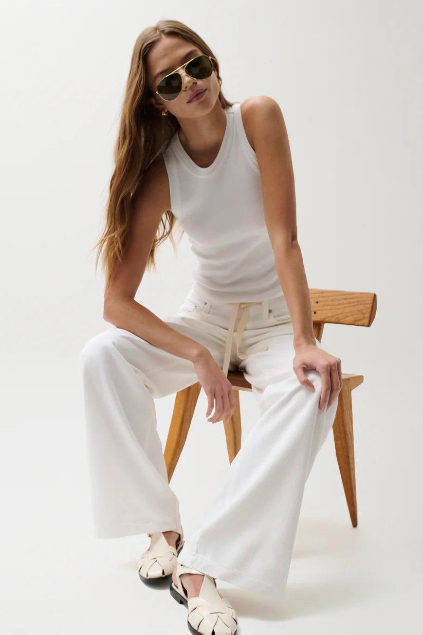 wide leg mid rise white denim pant with drawstring