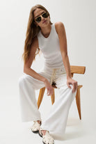 wide leg mid rise white denim pant with drawstring