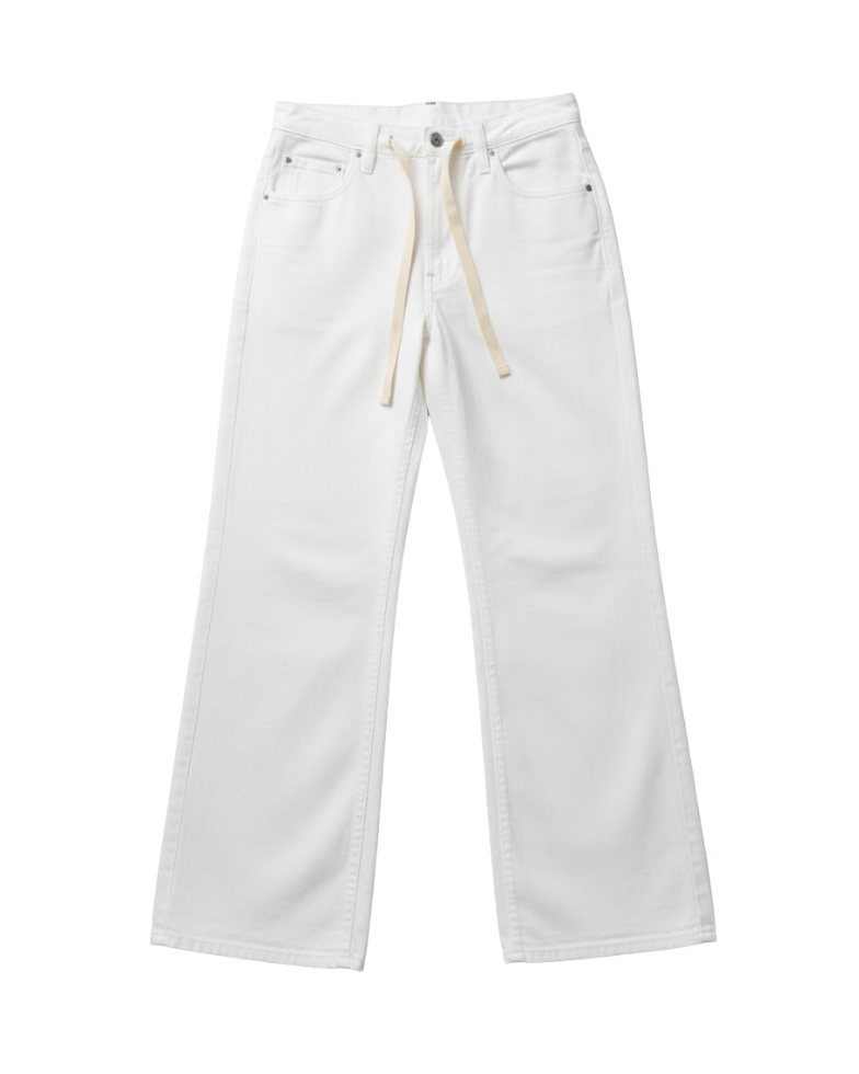 wide leg mid rise white denim pant with drawstring