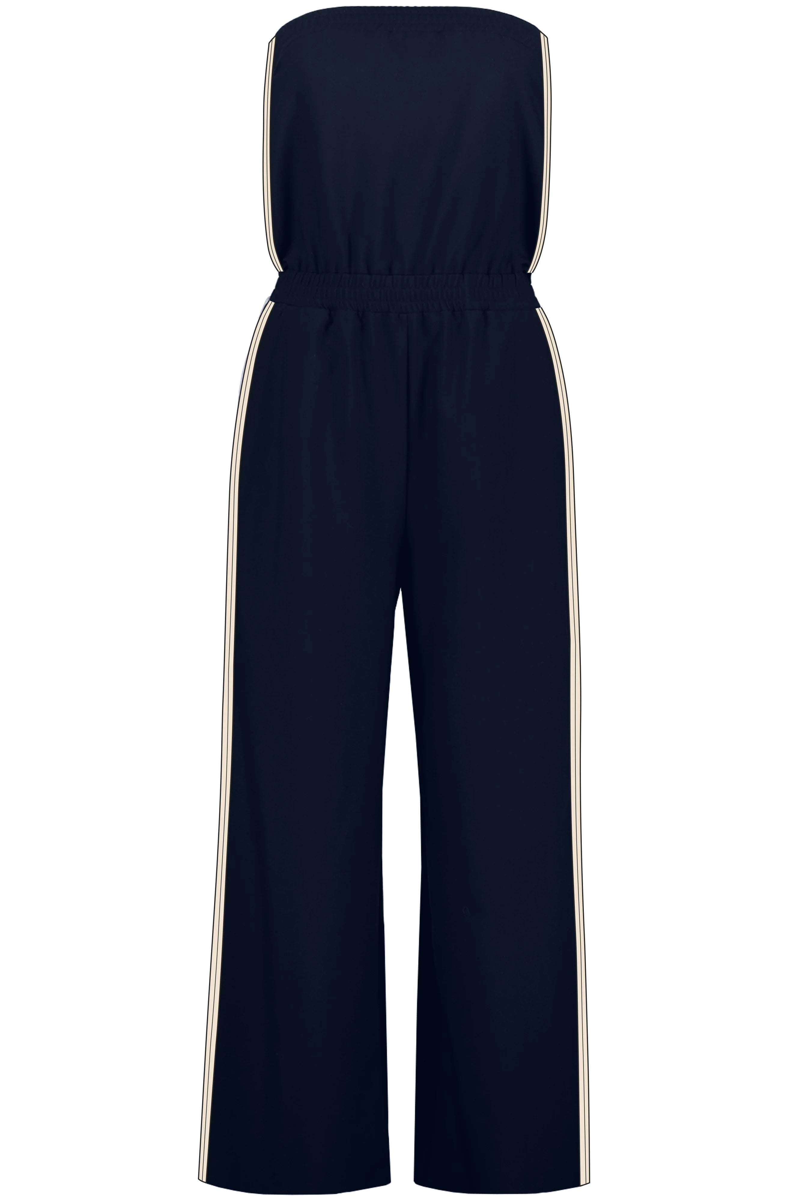 strapless navy jumpsuit with a white stripes down the side