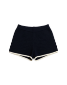 navy crochet shorts with a cream trim