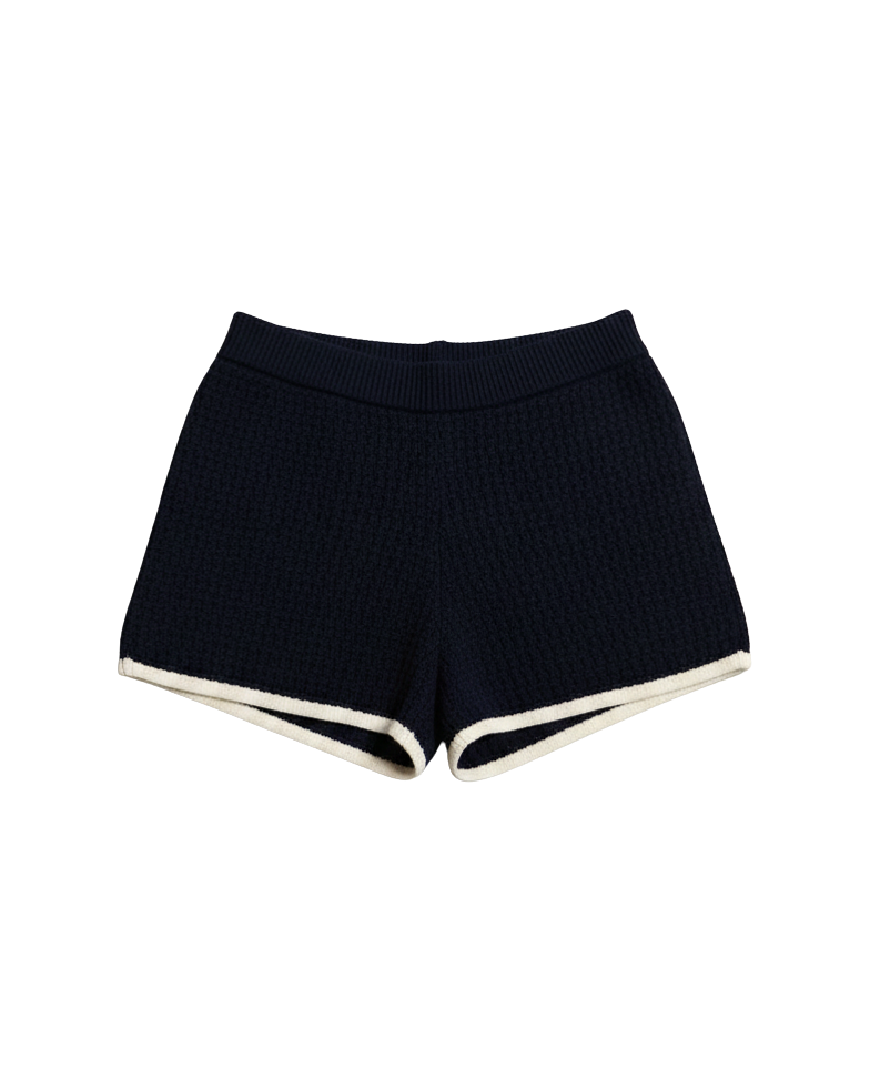 navy crochet shorts with a cream trim