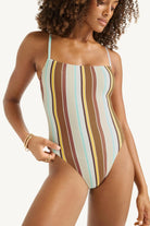 beige, blue and brown striped onepiece