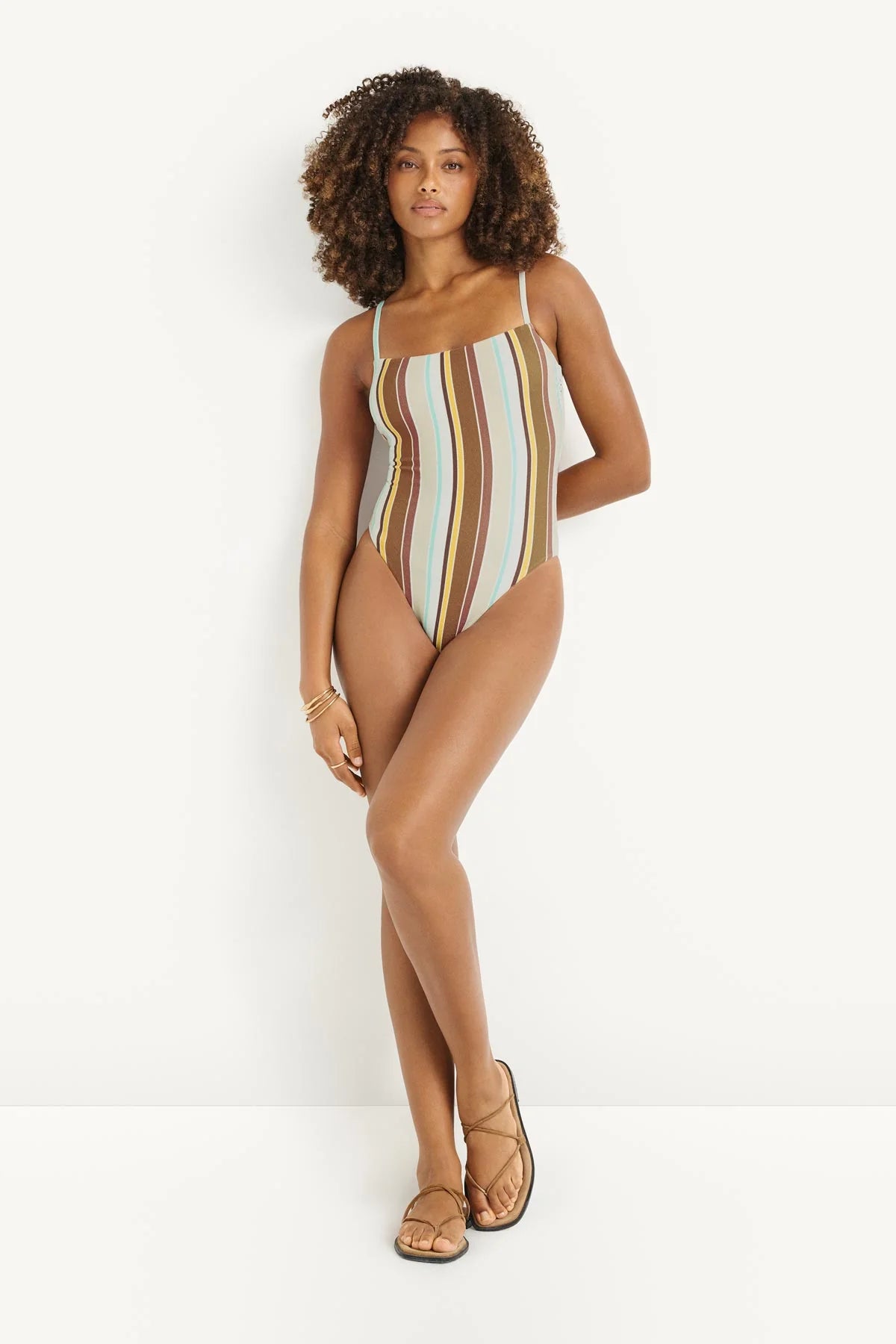 beige, blue and brown striped onepiece