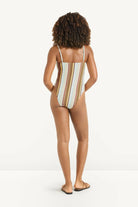 beige, blue and brown striped onepiece