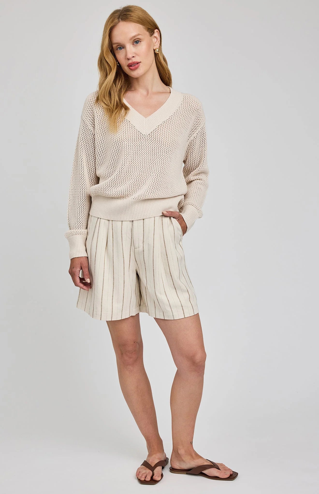open knit v-neck sweater in beige