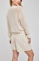 open knit v-neck sweater in beige