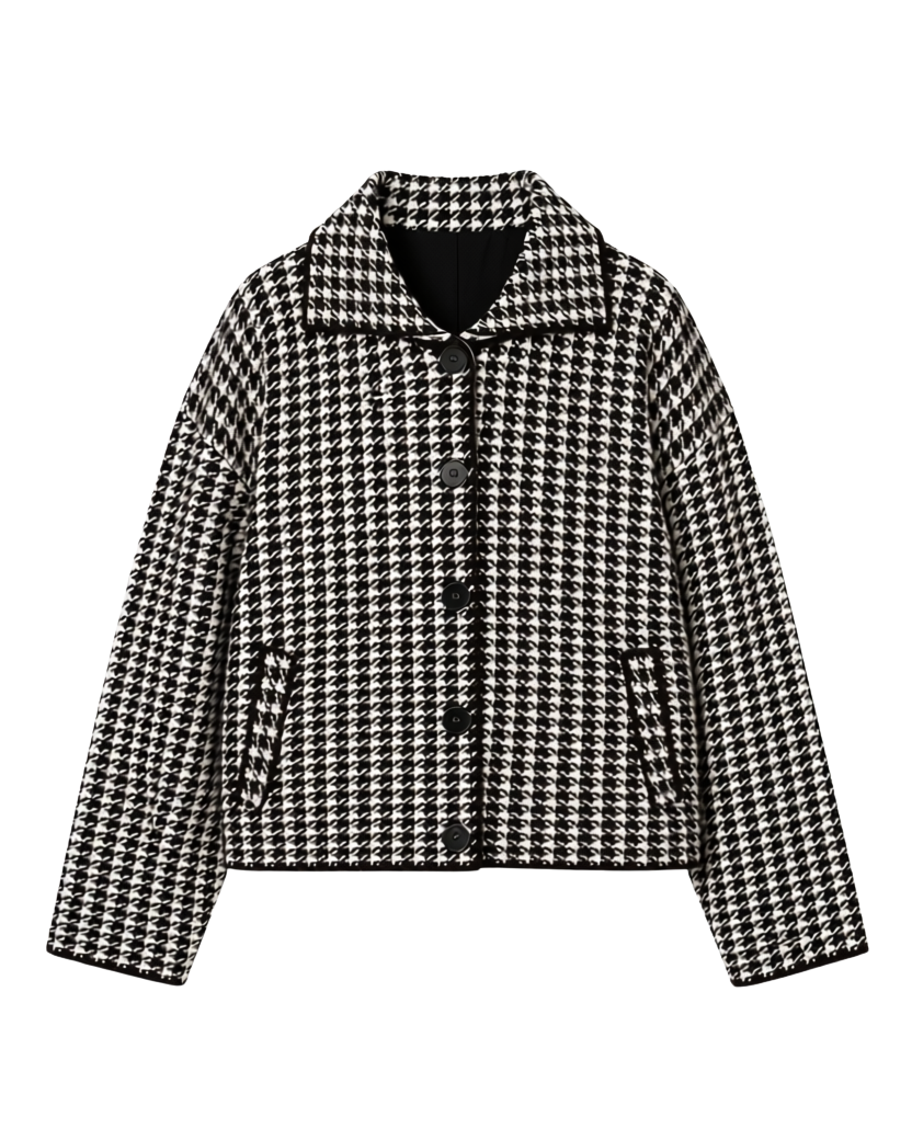 short coat in brown and white houndstooth design
