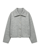 grey short knit coat with collar and pockets