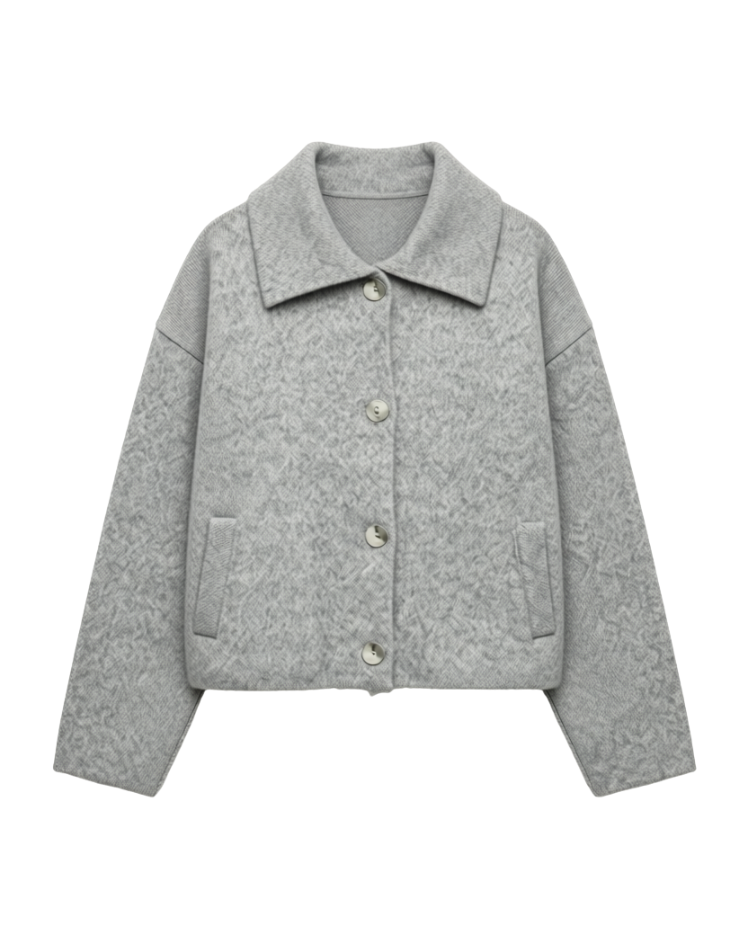 grey short knit coat with collar and pockets