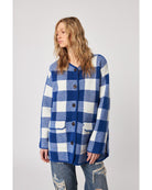 blue and cream plaid knit jacket