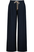 navy wide leg pant with cream drawstring