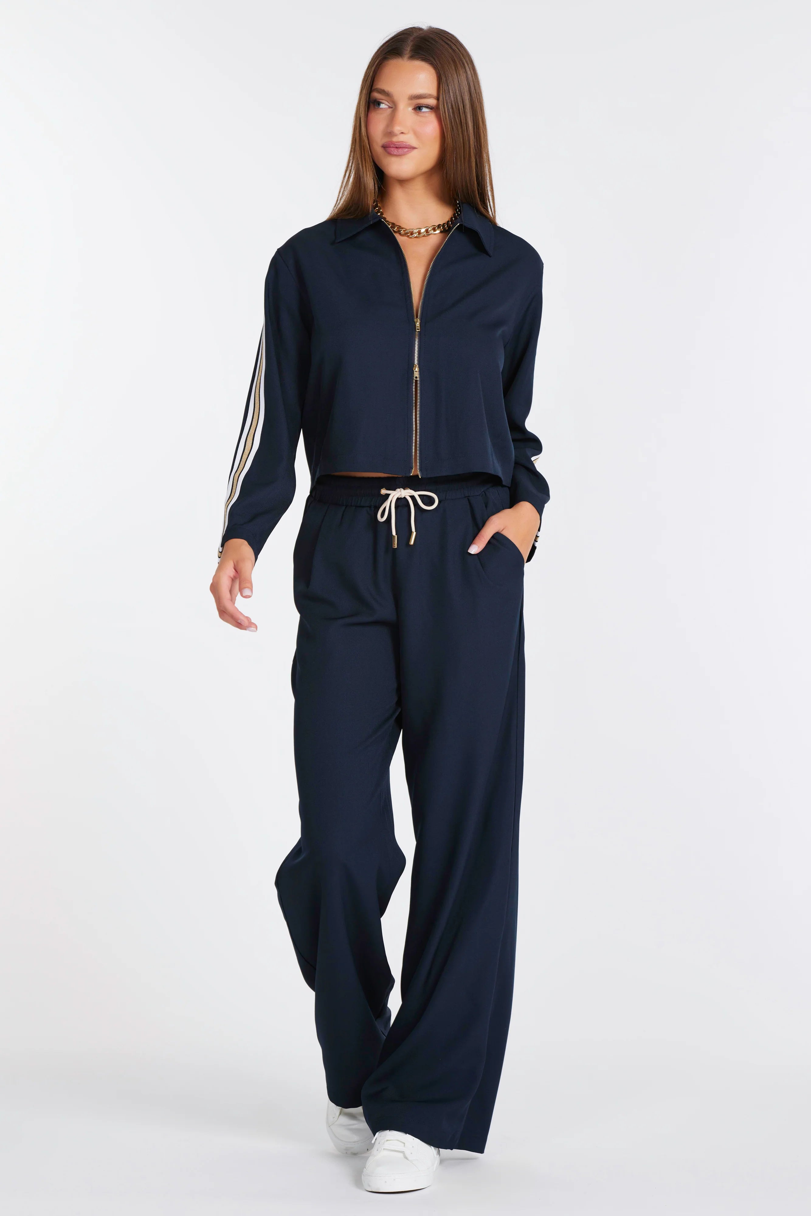 navy wide leg pant with cream drawstring