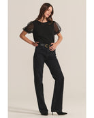 black short sleeve top with puff cap sleeve