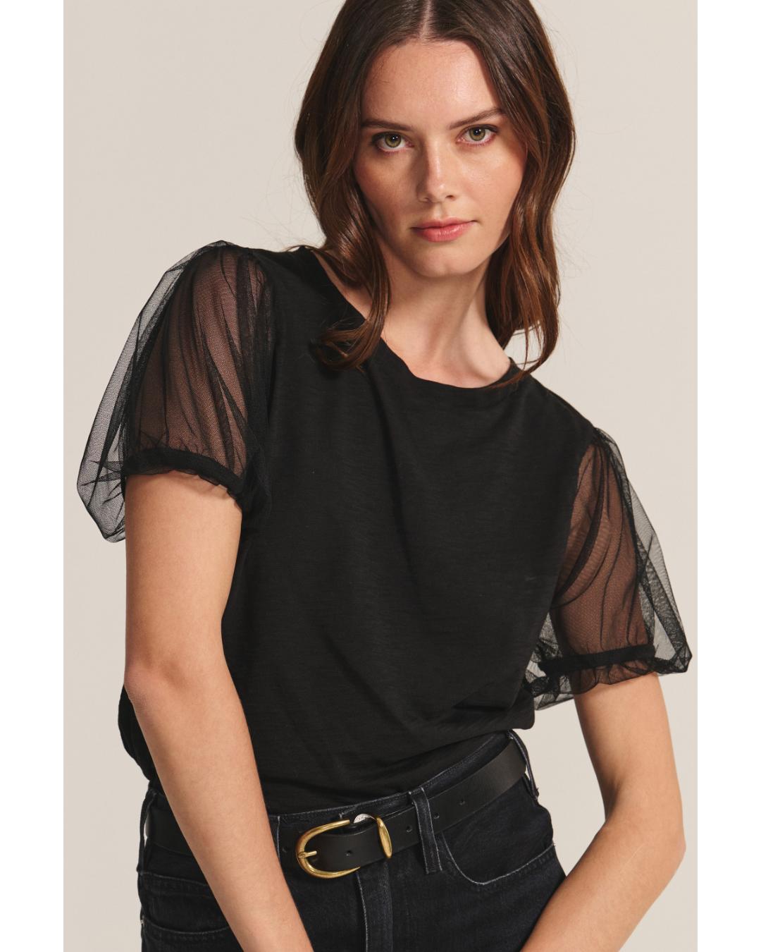 black short sleeve top with puff cap sleeve