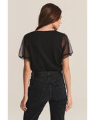 black short sleeve top with puff cap sleeve