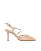 high heel shoe in a blush mesh with pointed toe