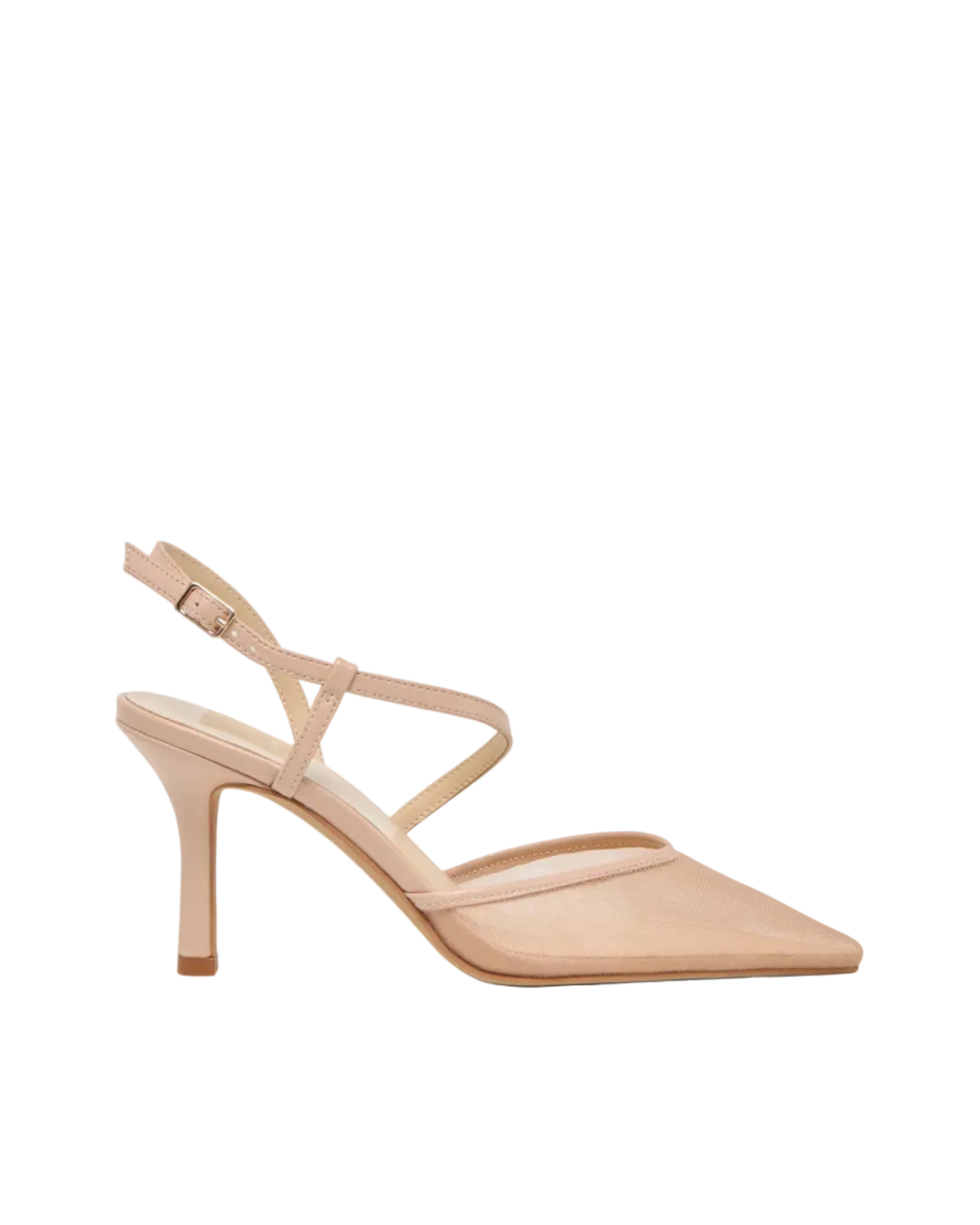 high heel shoe in a blush mesh with pointed toe
