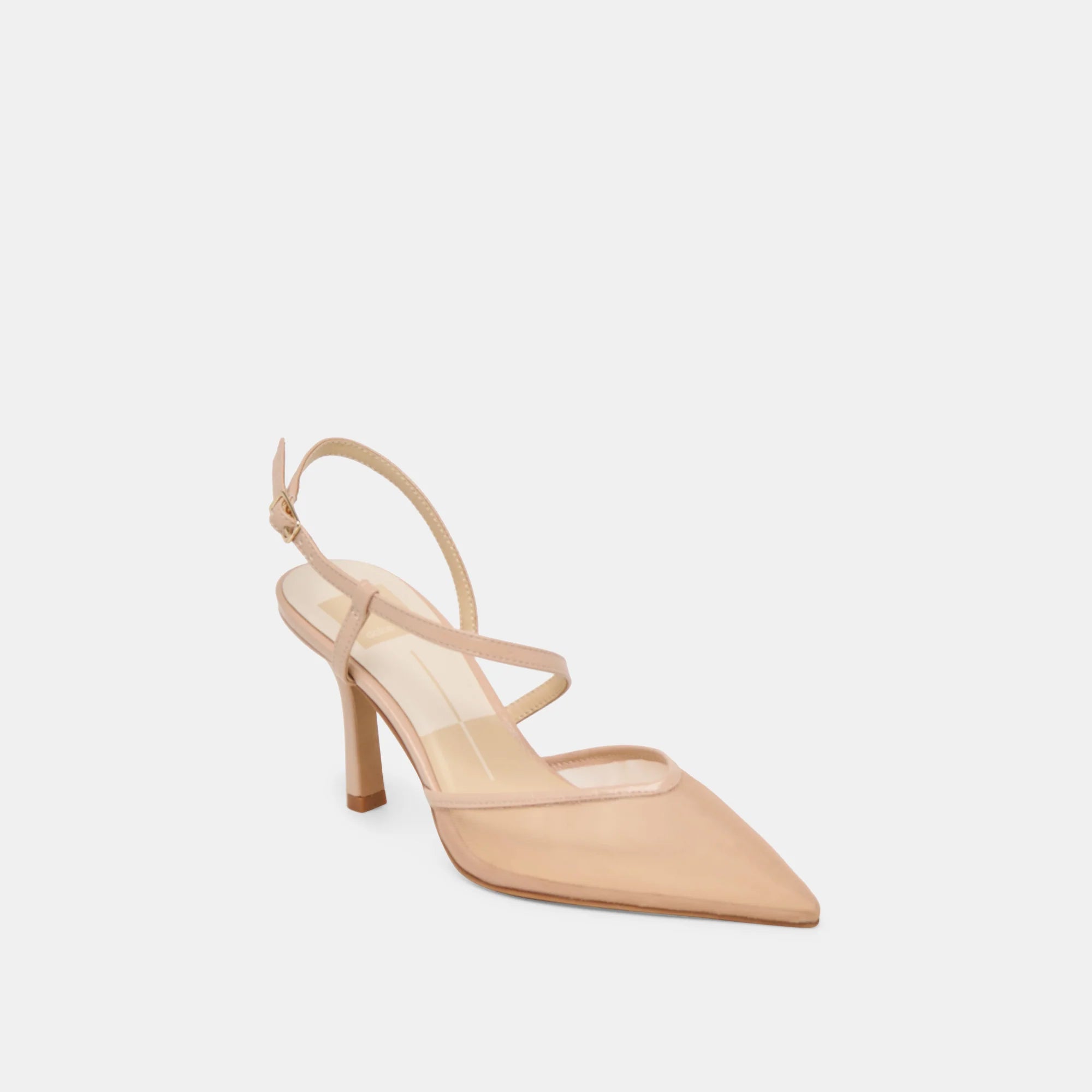 high heel shoe in a blush mesh with pointed toe