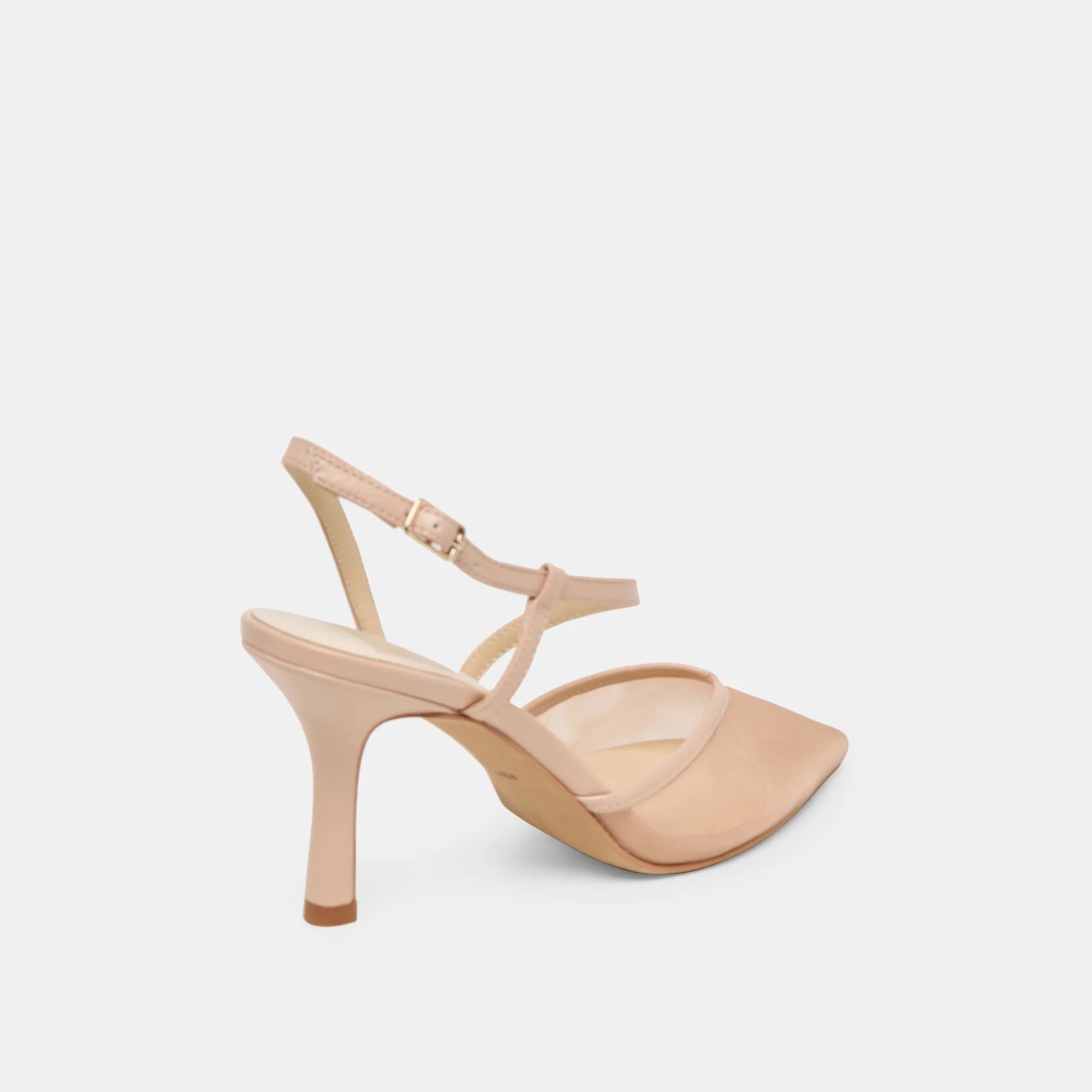 high heel shoe in a blush mesh with pointed toe