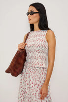 sleeveless rouched floral print