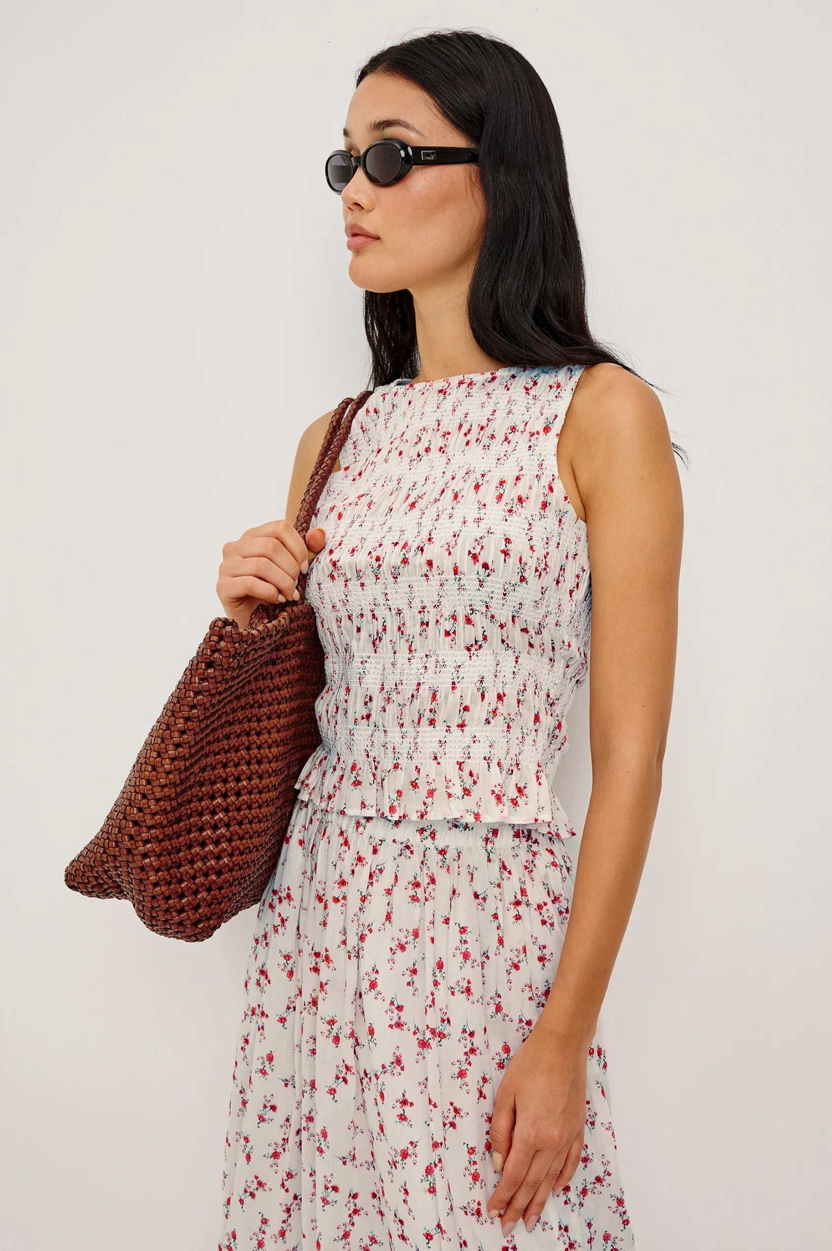 sleeveless rouched floral print