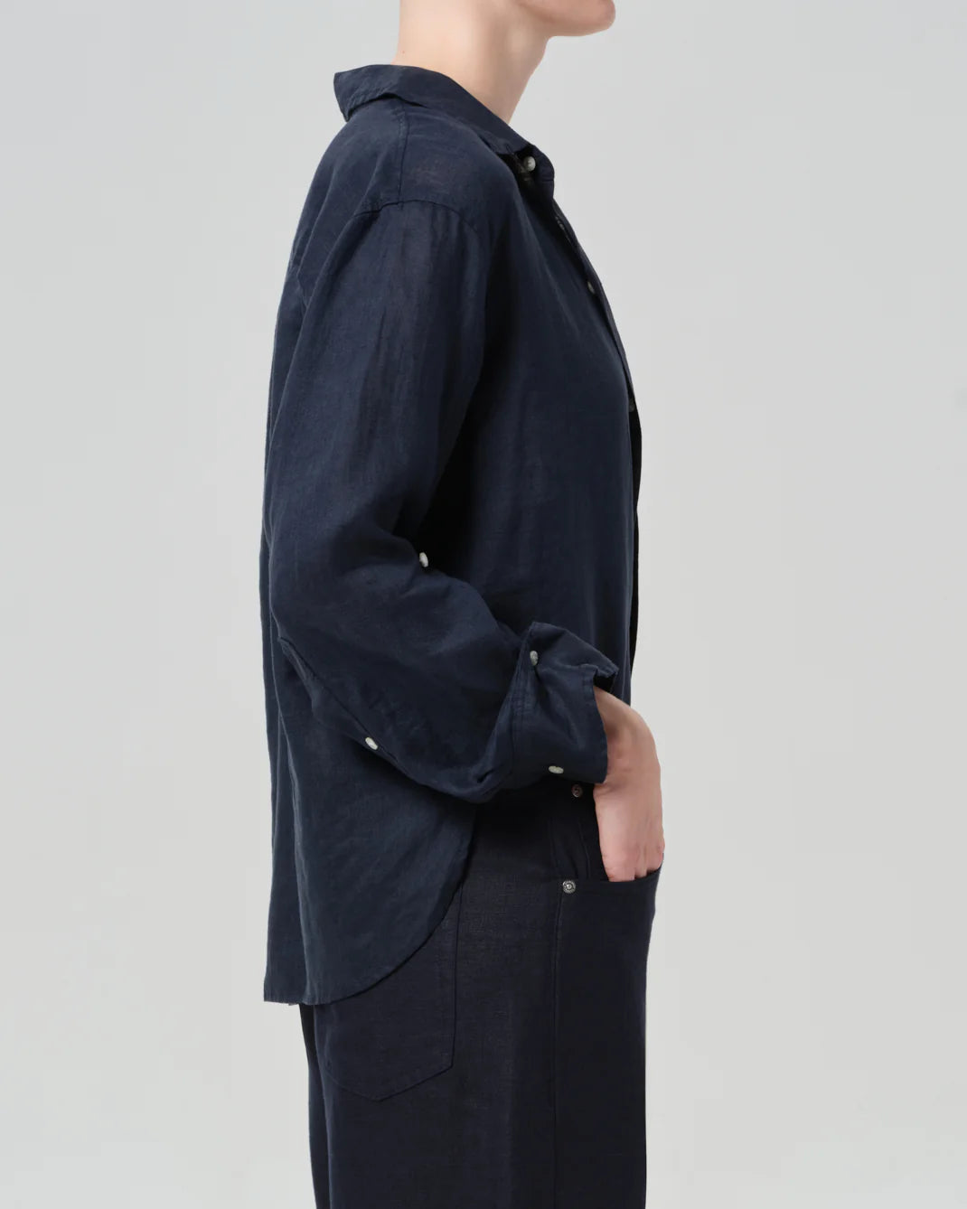 linen button down shirt in navy