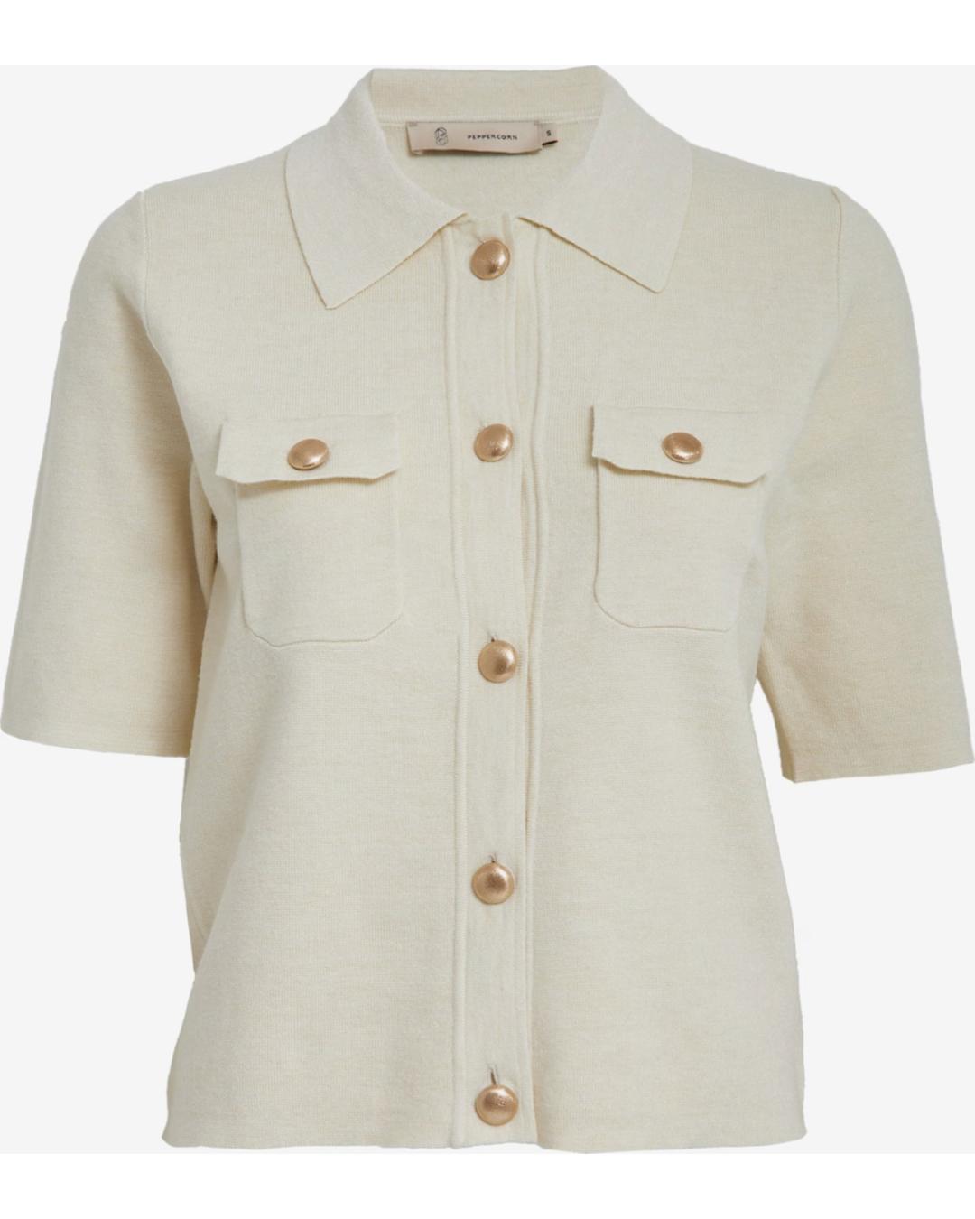 short sleeve cardigan with gold buttons in cream