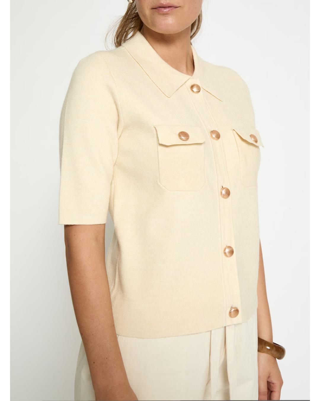 short sleeve cardigan with gold buttons in cream