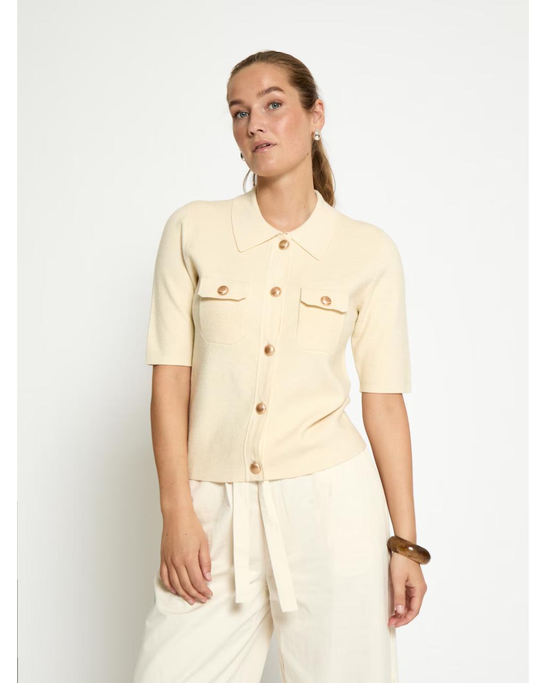 short sleeve cardigan with gold buttons in cream