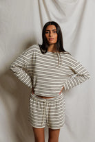 stripe terry long sleeve in cream and brown