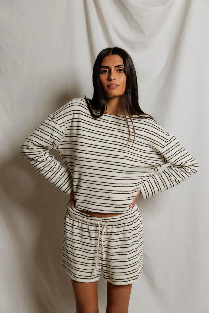 stripe terry long sleeve in cream and brown