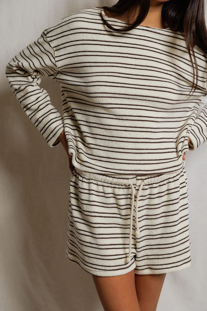 stripe terry long sleeve in cream and brown