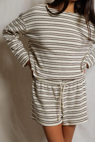 stripe terry long sleeve in cream and brown